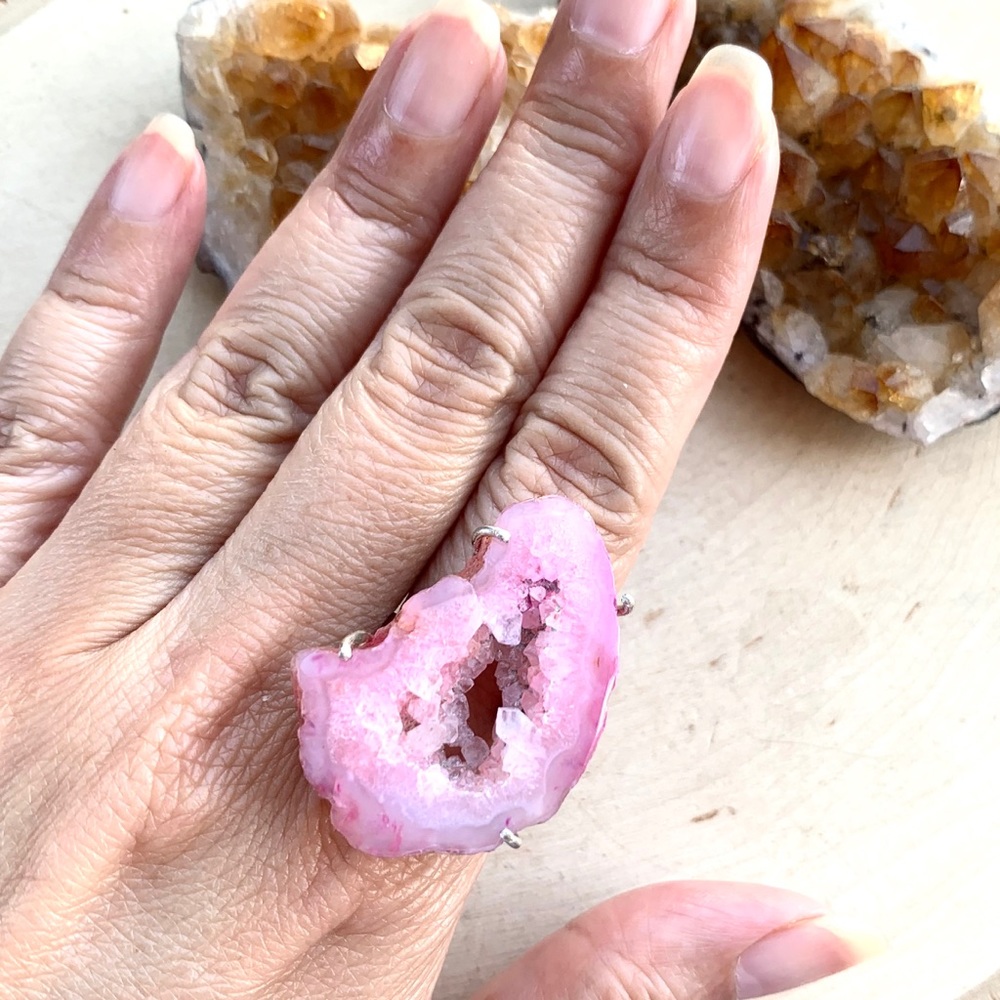 (SOLD) Pink Agate Geode Druzy 925 Sterling Ring Size 8.5